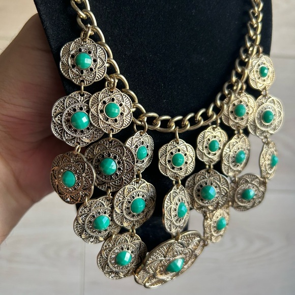 Vintage Tribal Statement Faux Turquoise Bib Necklace, adjustable up to 20” - Picture 4 of 8